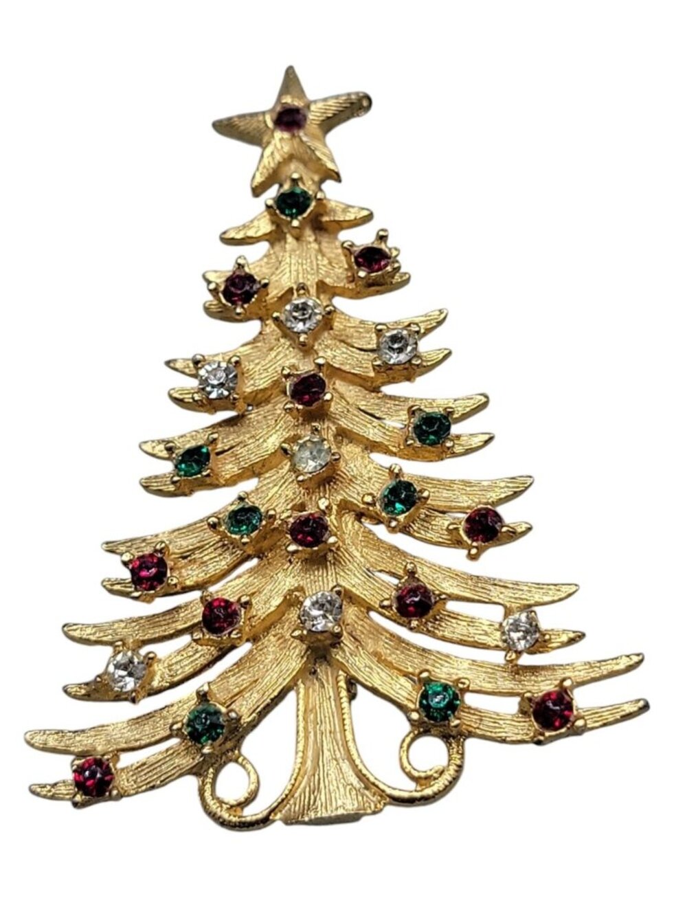 MYLU Christmas Tree Brooch Multicolor Rhinestone Gold Tone Vintage Signed 1960s